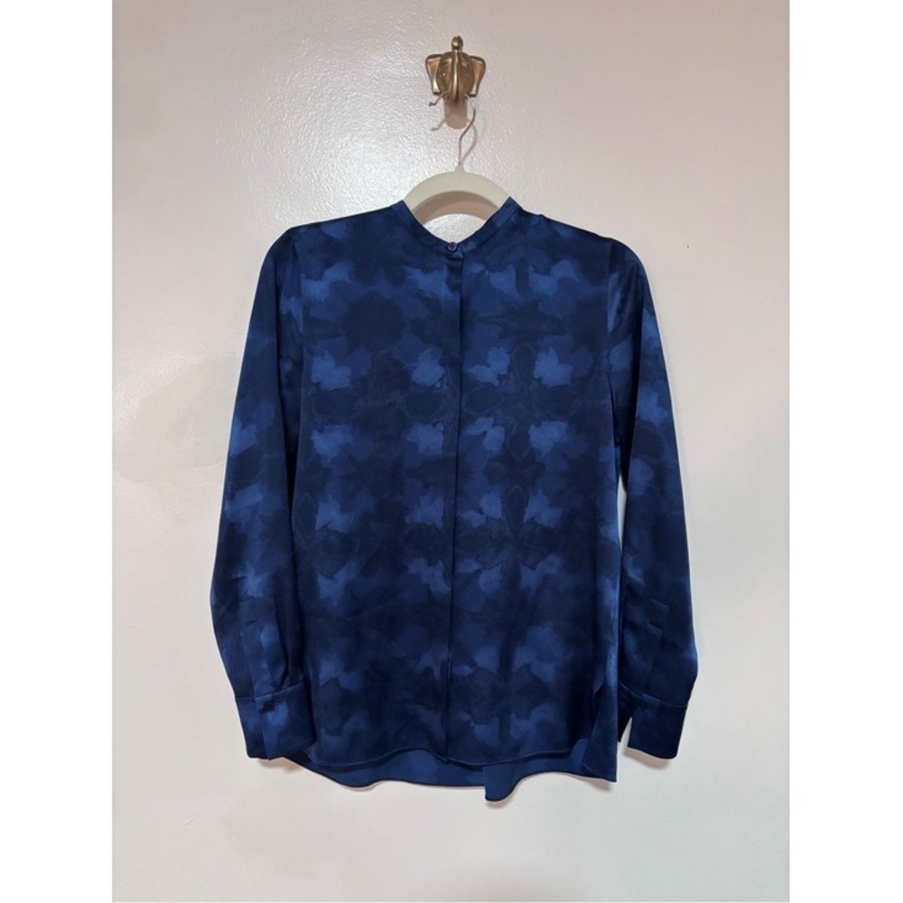 Vince 100% Silk Winter Tie Dye Blouse Hydra Blue Minimalist Band Collar 0
